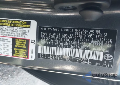2013 Toyota Corolla Le from USA, damaged, VIN 2T1BU4EE8DC975074